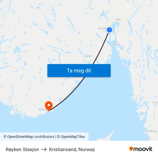 Røyken Stasjon to Kristiansand, Norway map