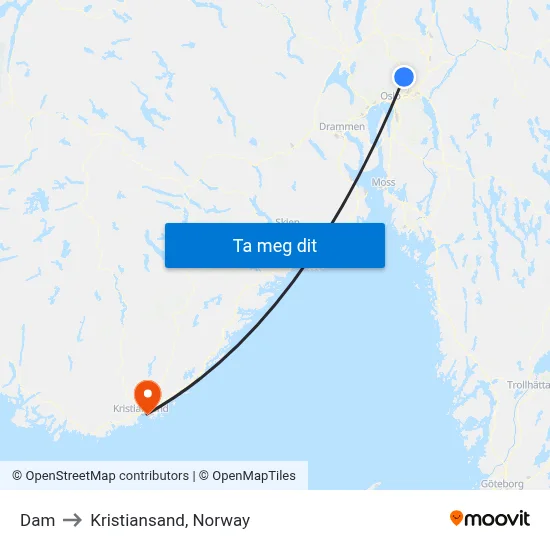 Dam to Kristiansand, Norway map