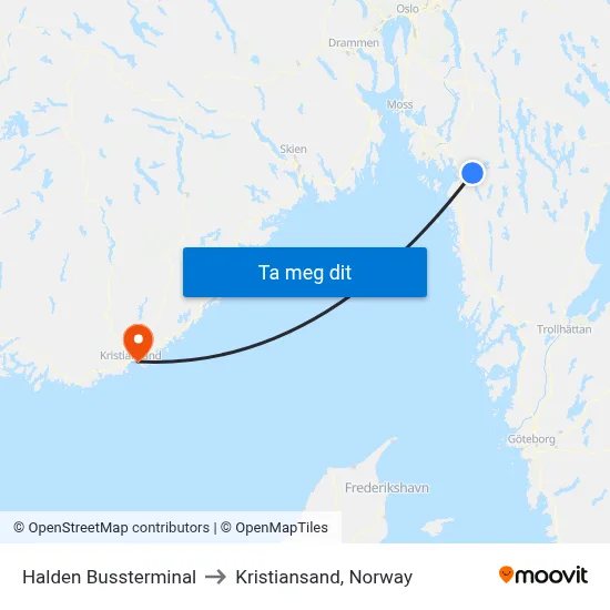 Halden Bussterminal to Kristiansand, Norway map