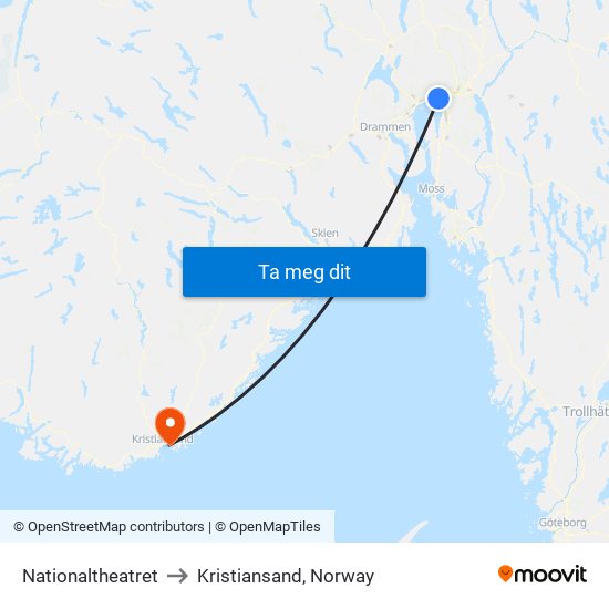 Nationaltheatret to Kristiansand, Norway map