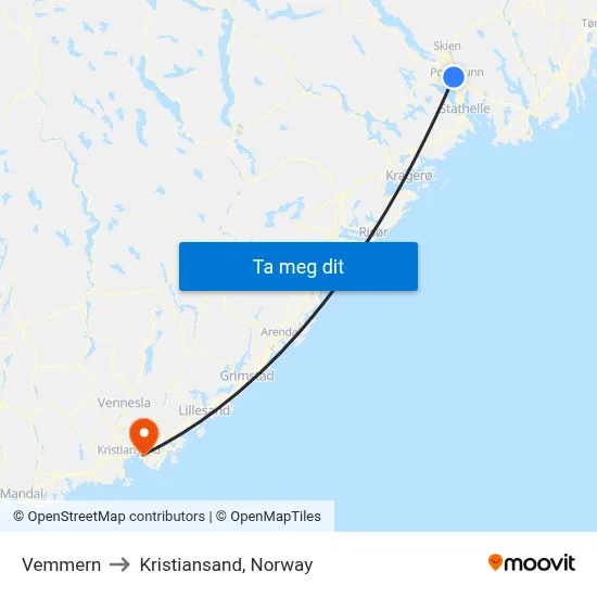 Vemmern to Kristiansand, Norway map