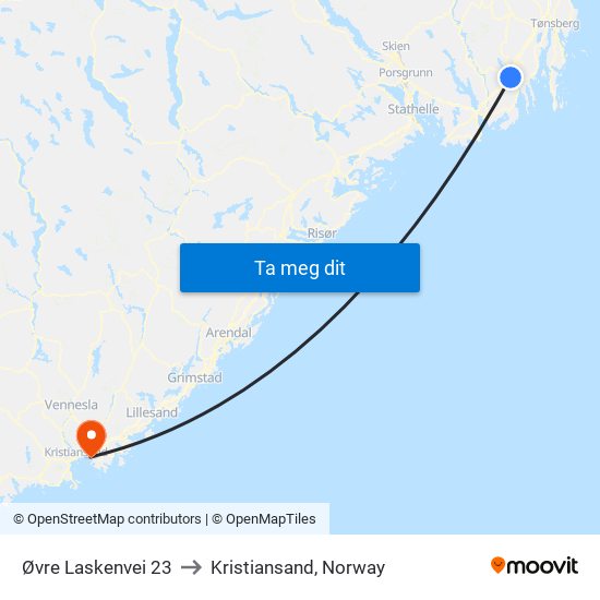 Øvre Laskenvei 23 to Kristiansand, Norway map