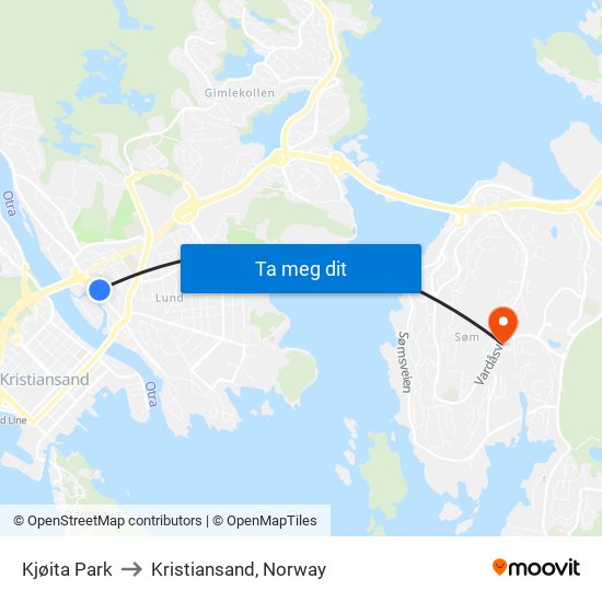 Kjøita Park to Kristiansand, Norway map