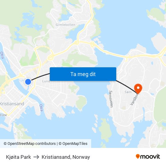 Kjøita Park to Kristiansand, Norway map