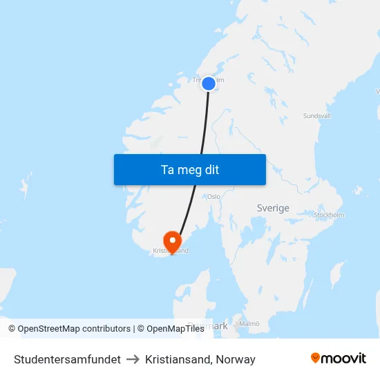 Studentersamfundet to Kristiansand, Norway map