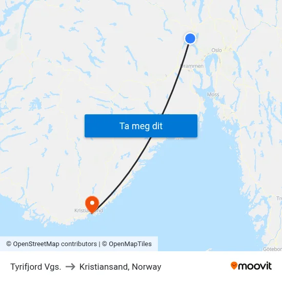 Tyrifjord Vgs. to Kristiansand, Norway map