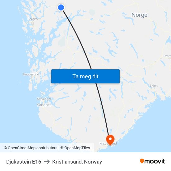 Djukastein E16 to Kristiansand, Norway map