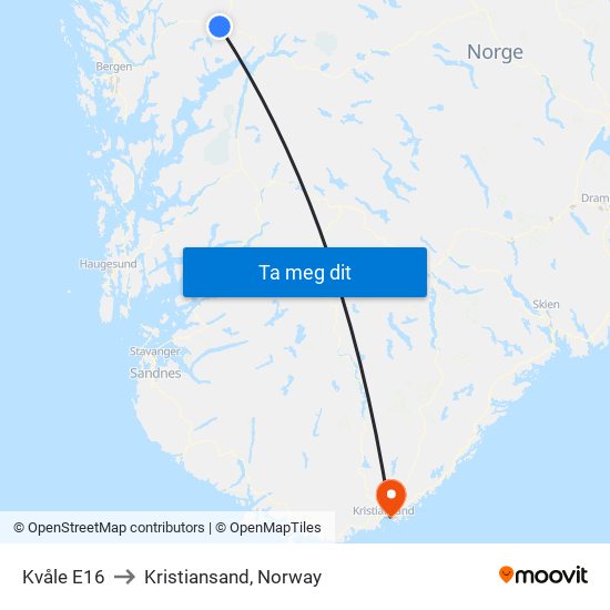 Kvåle E16 to Kristiansand, Norway map