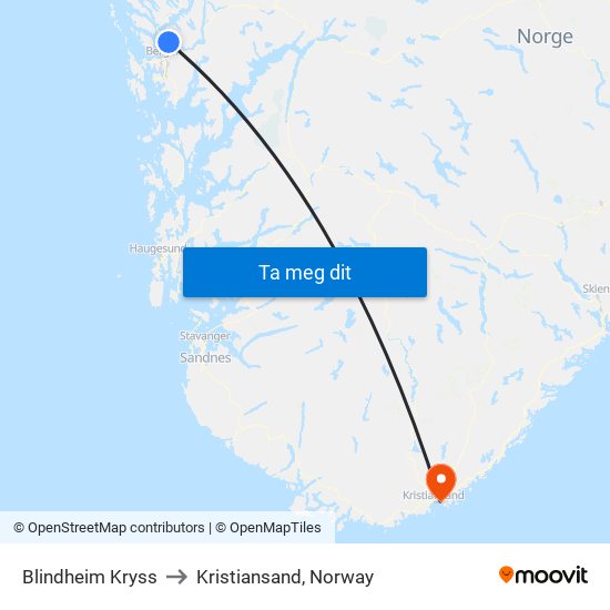 Blindheim Kryss to Kristiansand, Norway map