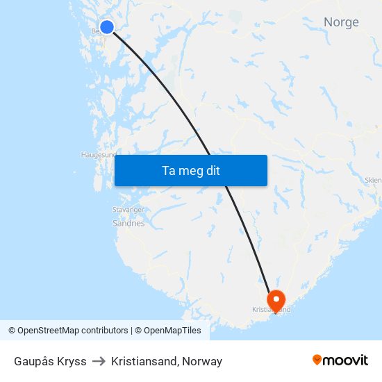 Gaupås Kryss to Kristiansand, Norway map