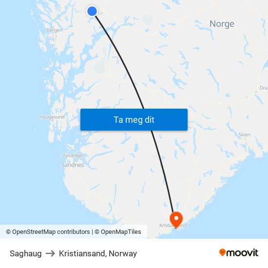 Saghaug to Kristiansand, Norway map