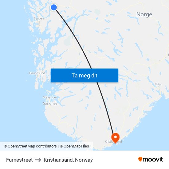 Furnestreet to Kristiansand, Norway map