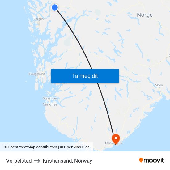 Verpelstad to Kristiansand, Norway map