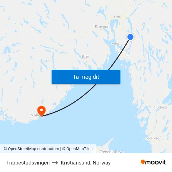 Trippestadsvingen to Kristiansand, Norway map