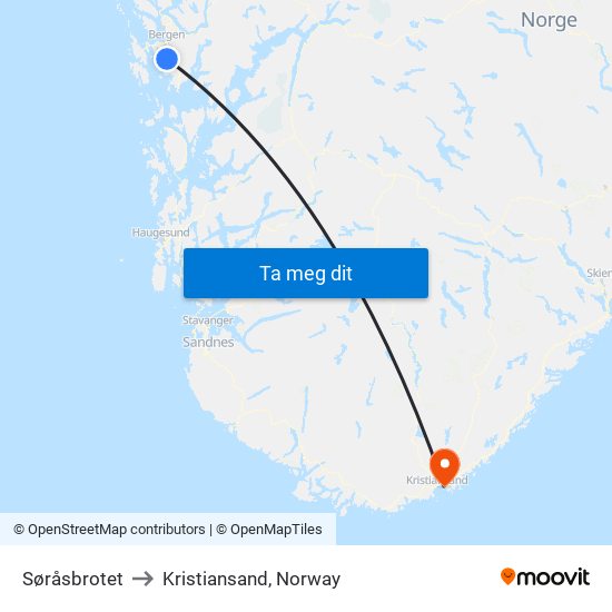 Søråsbrotet to Kristiansand, Norway map