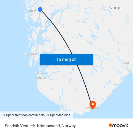 Sandvik Vest to Kristiansand, Norway map