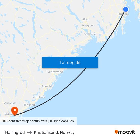 Hallingrød to Kristiansand, Norway map