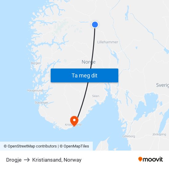 Drogje to Kristiansand, Norway map
