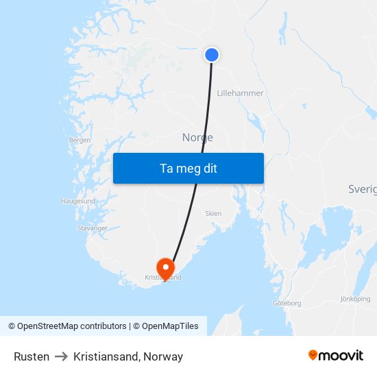 Rusten to Kristiansand, Norway map