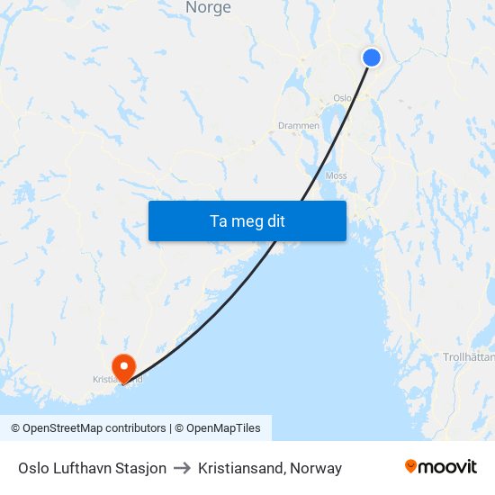 Oslo Lufthavn Stasjon to Kristiansand, Norway map