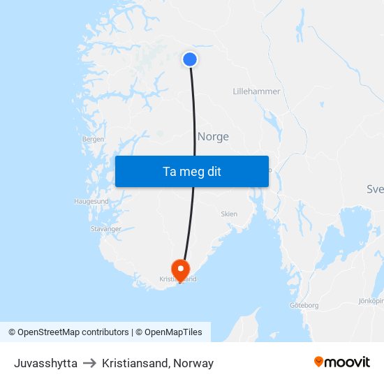 Juvasshytta to Kristiansand, Norway map