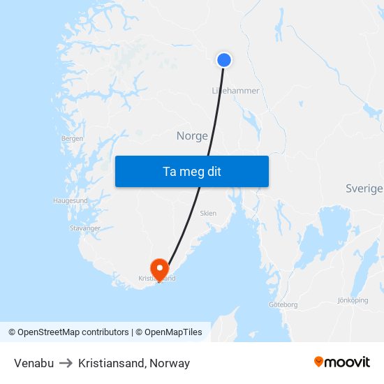 Venabu to Kristiansand, Norway map