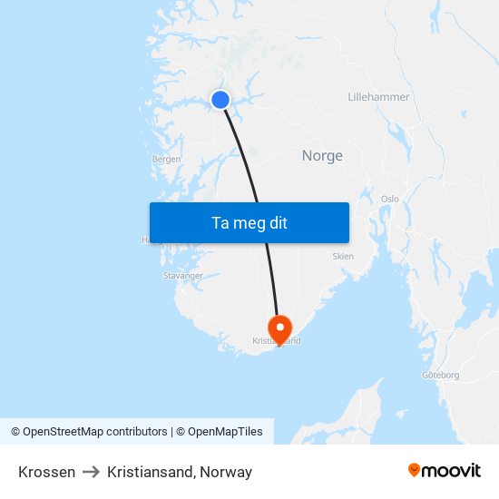 Krossen to Kristiansand, Norway map
