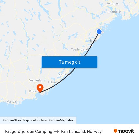 Kragerøfjorden Camping to Kristiansand, Norway map