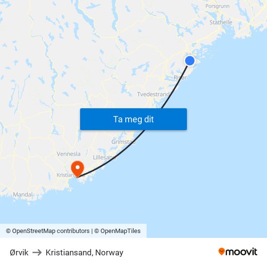 Ørvik to Kristiansand, Norway map