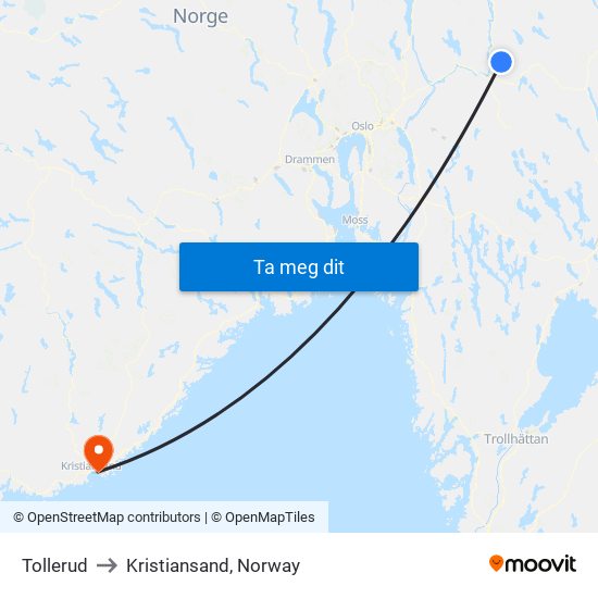 Tollerud to Kristiansand, Norway map