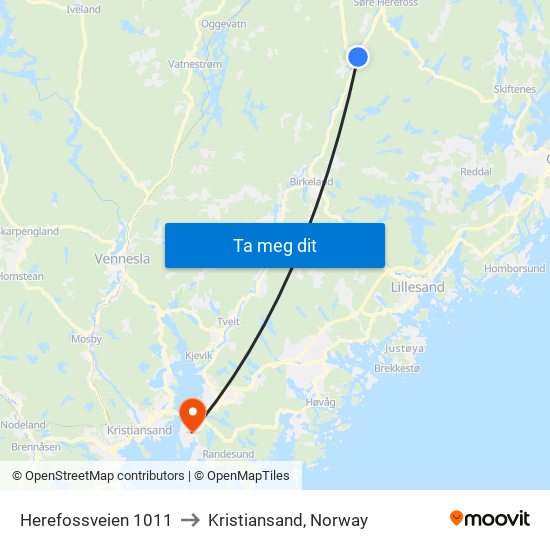 Herefossveien 1011 to Kristiansand, Norway map