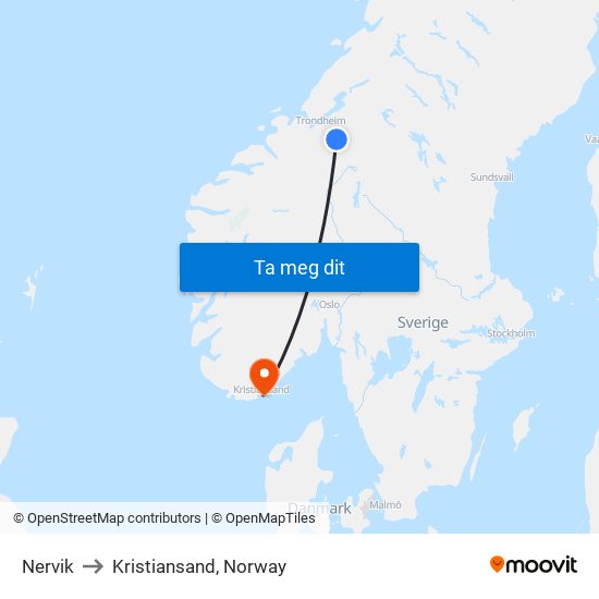 Nervik to Kristiansand, Norway map