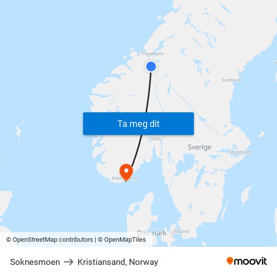 Soknesmoen to Kristiansand, Norway map