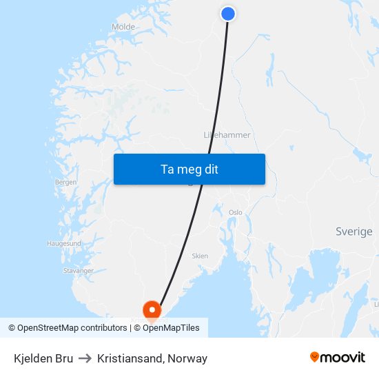 Kjelden Bru to Kristiansand, Norway map