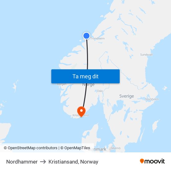 Nordhammer to Kristiansand, Norway map