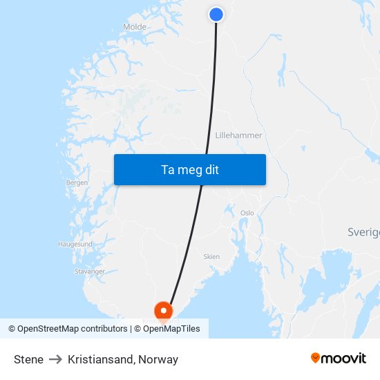 Stene to Kristiansand, Norway map