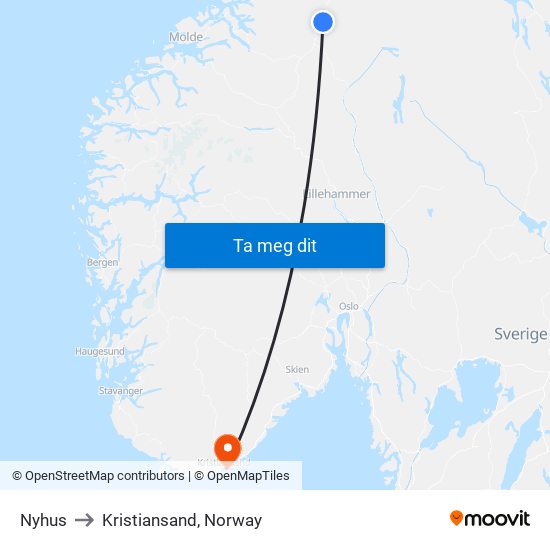 Nyhus to Kristiansand, Norway map