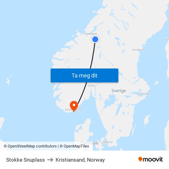 Stokke Snuplass to Kristiansand, Norway map