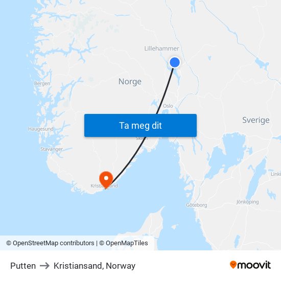 Putten to Kristiansand, Norway map