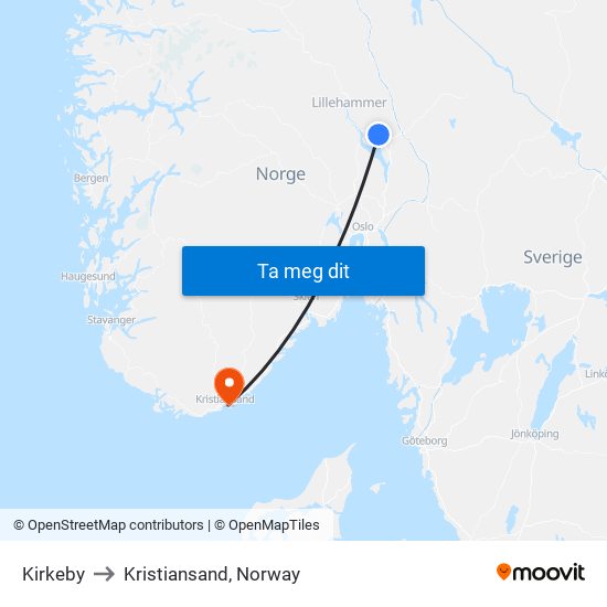 Kirkeby to Kristiansand, Norway map