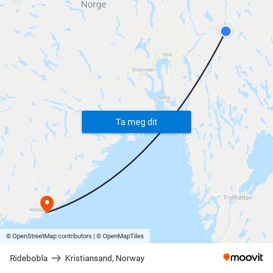 Ridebobla to Kristiansand, Norway map