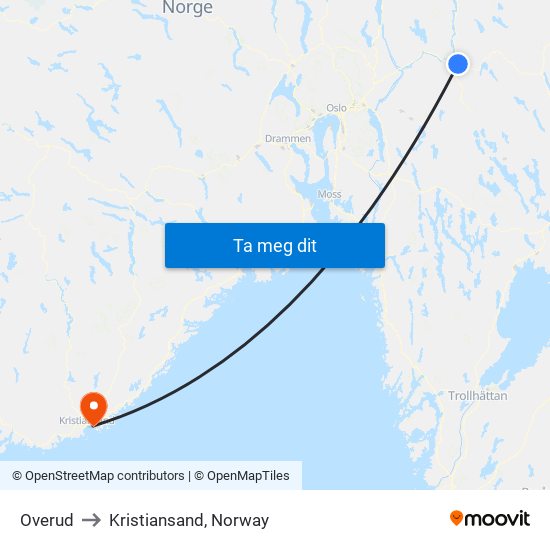 Overud to Kristiansand, Norway map