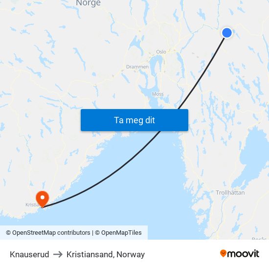 Knauserud to Kristiansand, Norway map