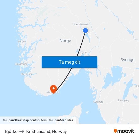 Bjørke to Kristiansand, Norway map