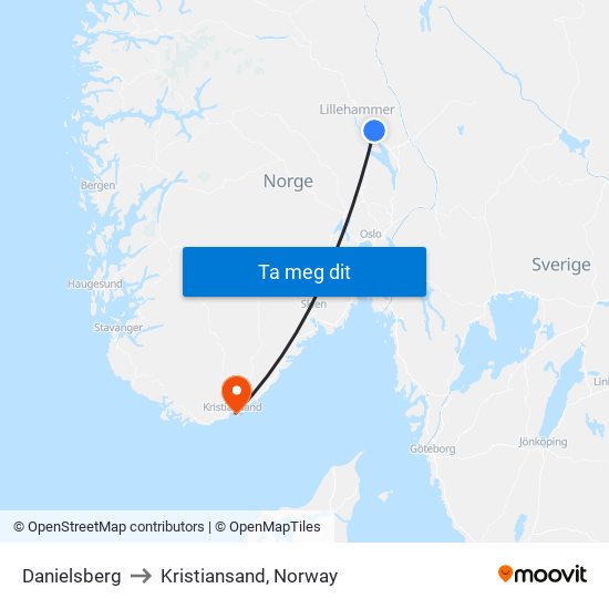 Danielsberg to Kristiansand, Norway map