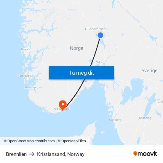 Brennlien to Kristiansand, Norway map