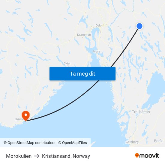 Morokulien to Kristiansand, Norway map