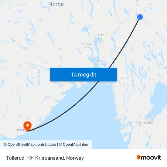 Tollerud to Kristiansand, Norway map