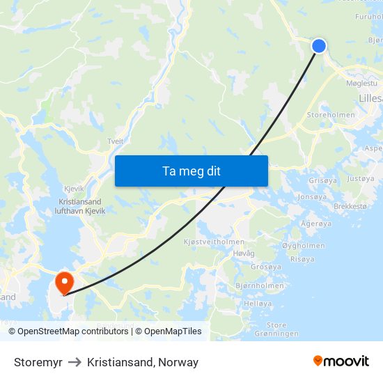 Storemyr to Kristiansand, Norway map