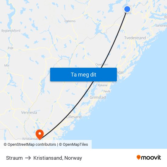 Straum to Kristiansand, Norway map